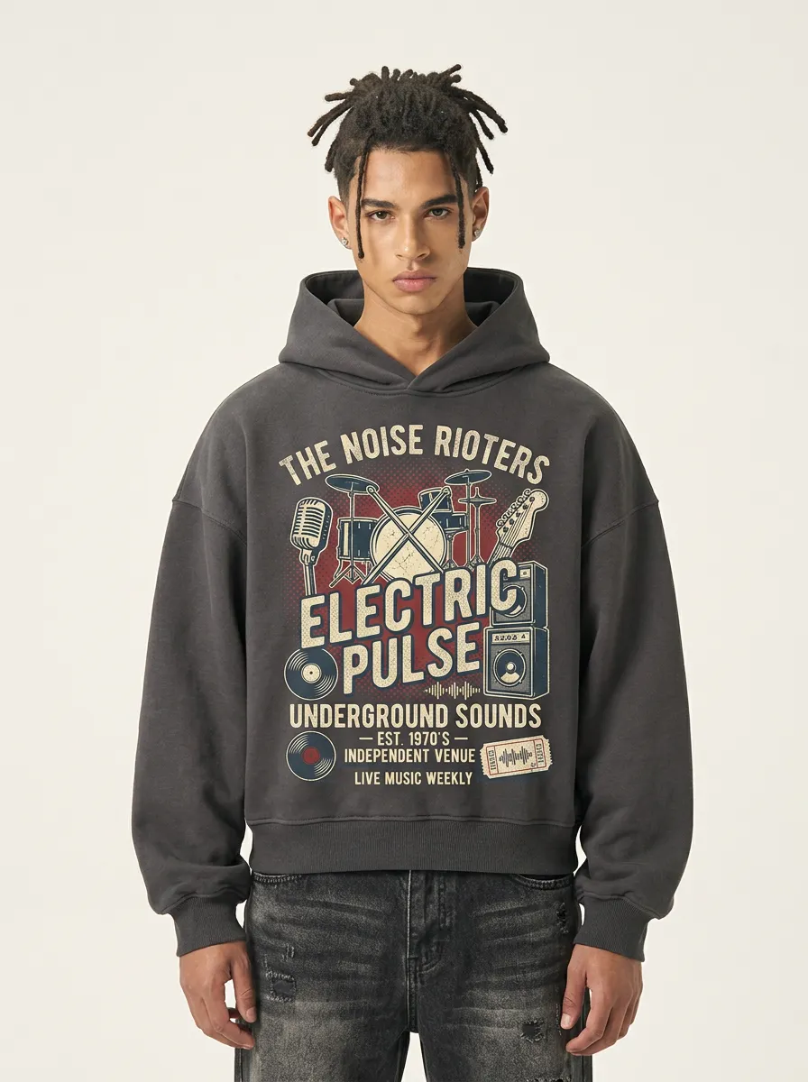 Men's Rock Band Music Lover Electric Pulse Printed Hoodie