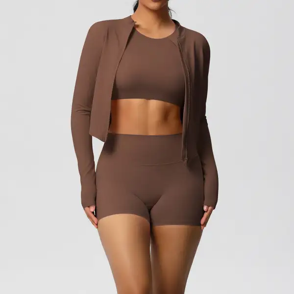 Zip-Front Long-Sleeve Jacket, Bra and Shorts Active Set
