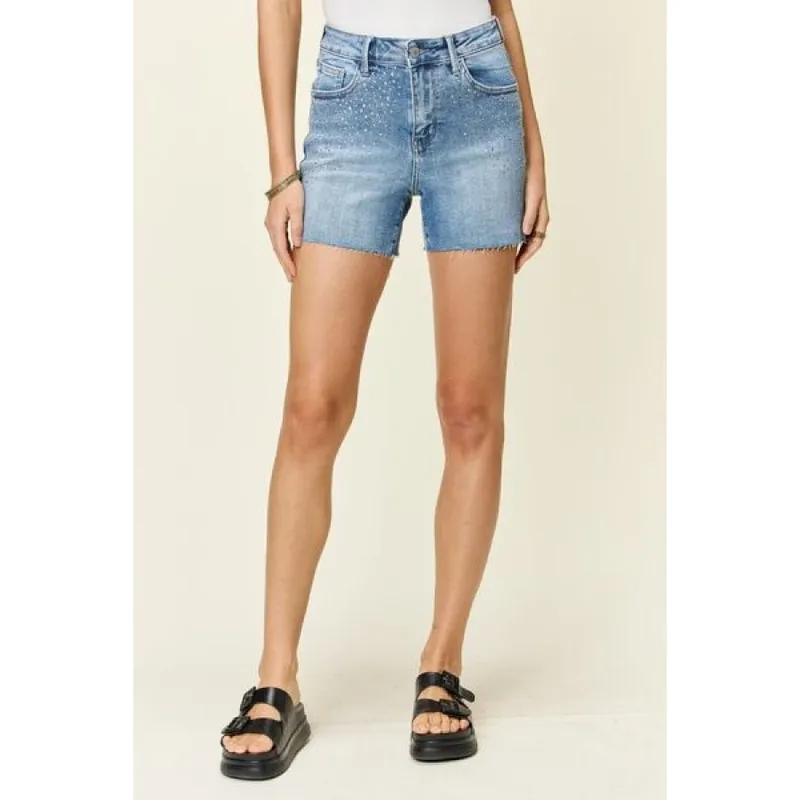 Plus Size High-Waist Rhinestone Decor Denim Shorts