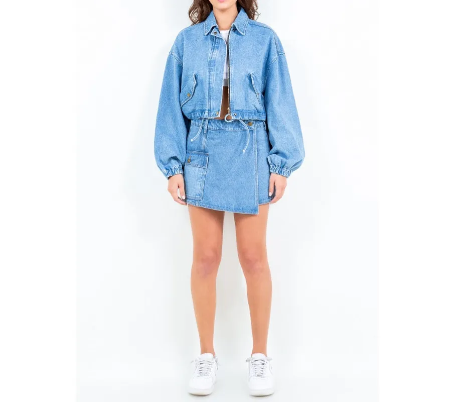Drawstring Waist Crop Denim Jacket