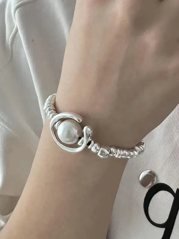 Pearl-Accent Chain Geometric Alloy Bracelet
