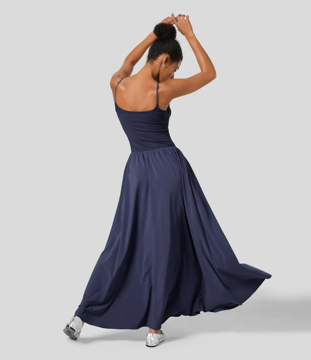 Breezeful Backless Side Pocket Plicated Flowy Flare Maxi Quick Dry Casual Slip Dress