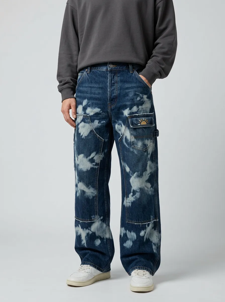 Men's Sun Graphic Cloud Wash Printed Wide Leg Jeans