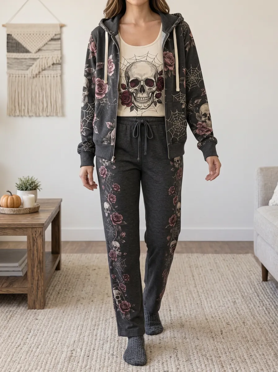 Women's Halloween Gothic Skull Rose Zip-Front Lounge Set