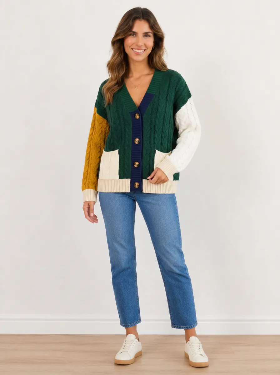 Women's Colorblock Cable Knit Cardigan Button-Front Cable-Knit