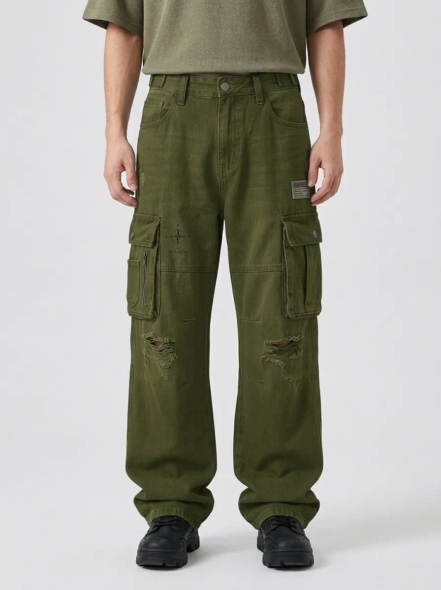 Men's Ridge Streetwear Compass Graphic Distressed Printed Cargo Jeans