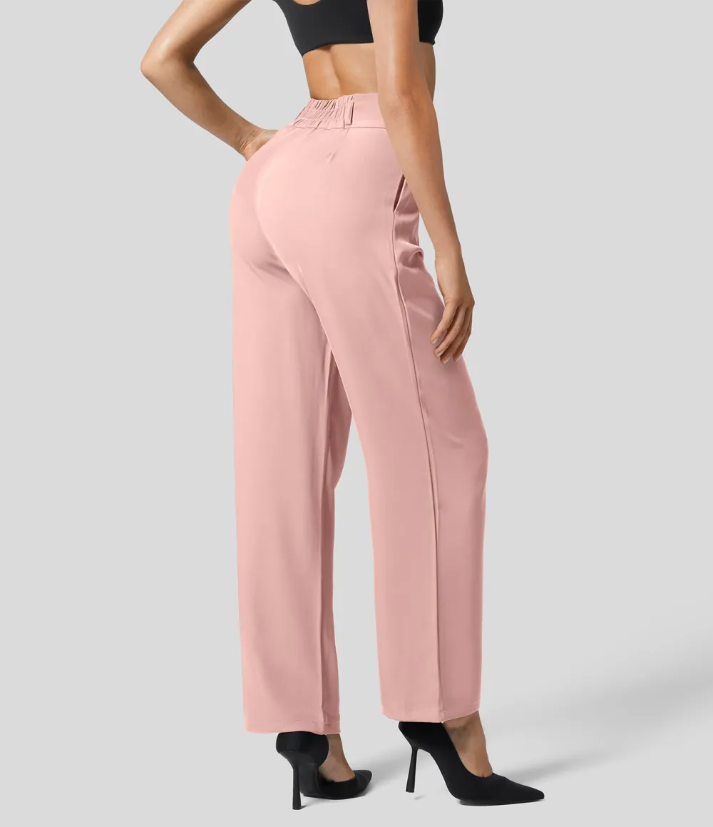 High Waisted Button Zipper Plicated Side Pocket Shirred Straight Leg Work Pants