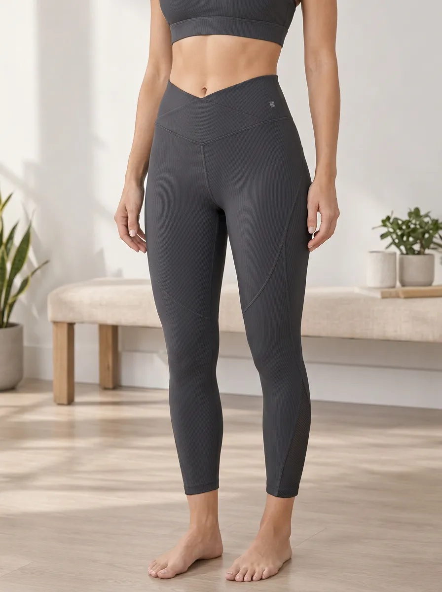 Women's Crossover Waist Ribbed Mesh Panel Printed Yoga Leggings
