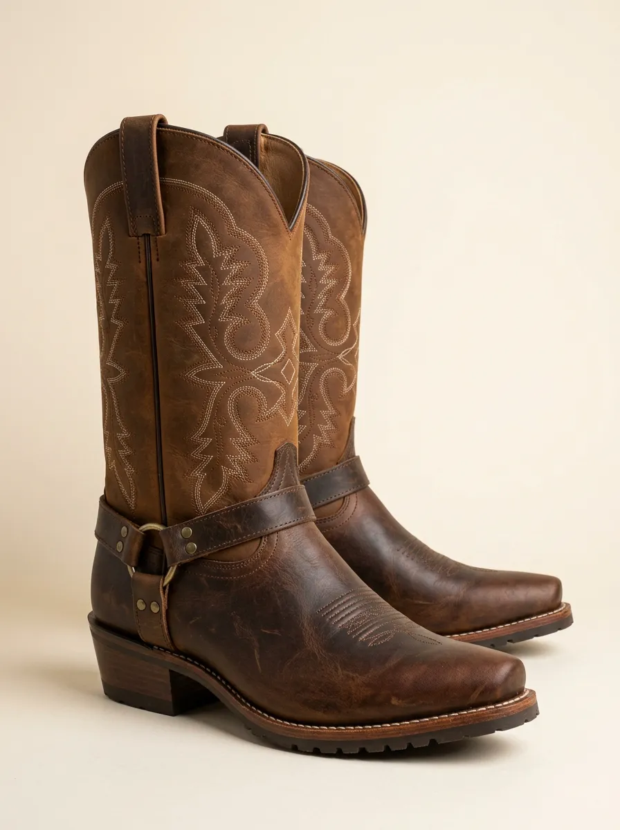 Men's Western Cowboy Brown Leather Embroidered Harness Boots