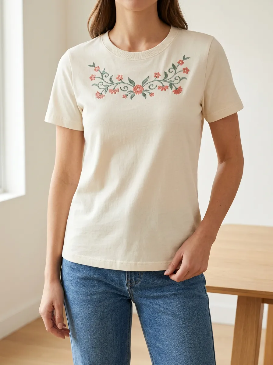 Daily Style Floral Print Embroidered Detail Women's Everyday Short Sleeve T Shirt