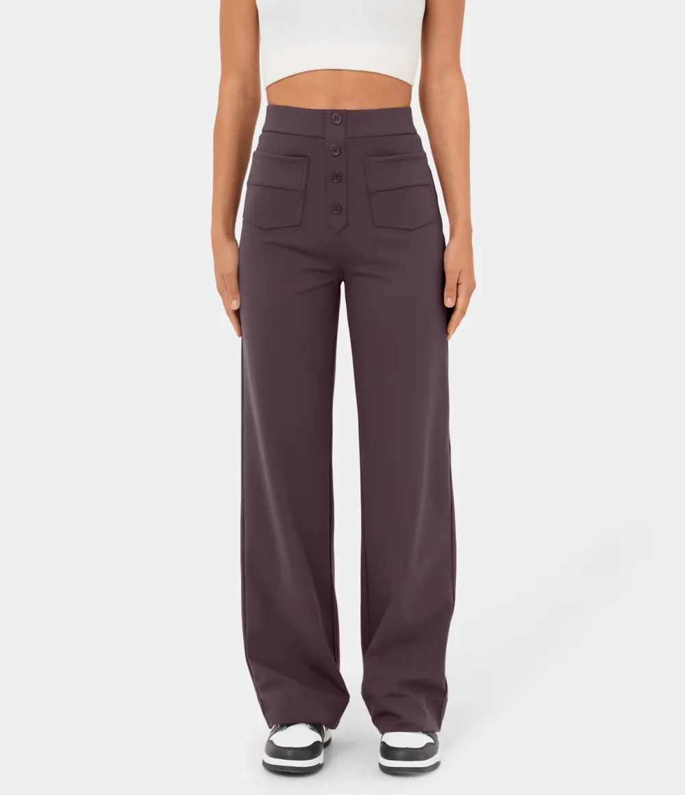 High Waisted Button Multiple Pockets Straight Leg Casual Pants