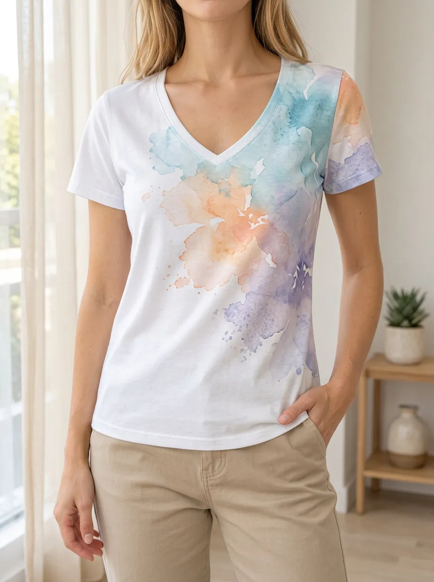 Women's Watercolor Abstract Art Printed V-neck T-shirt