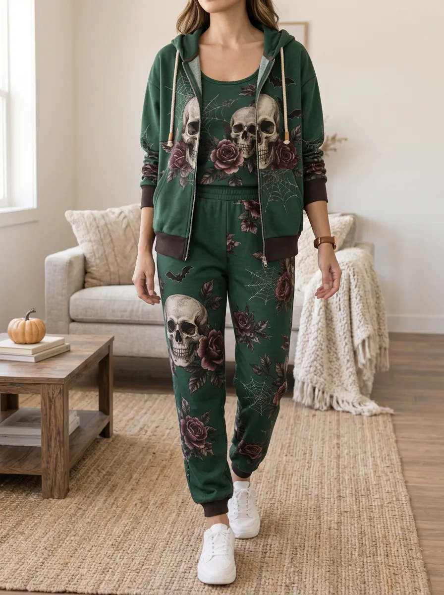 Women's Halloween Gothic Skull Rose Ribbed Trim Jogger Set