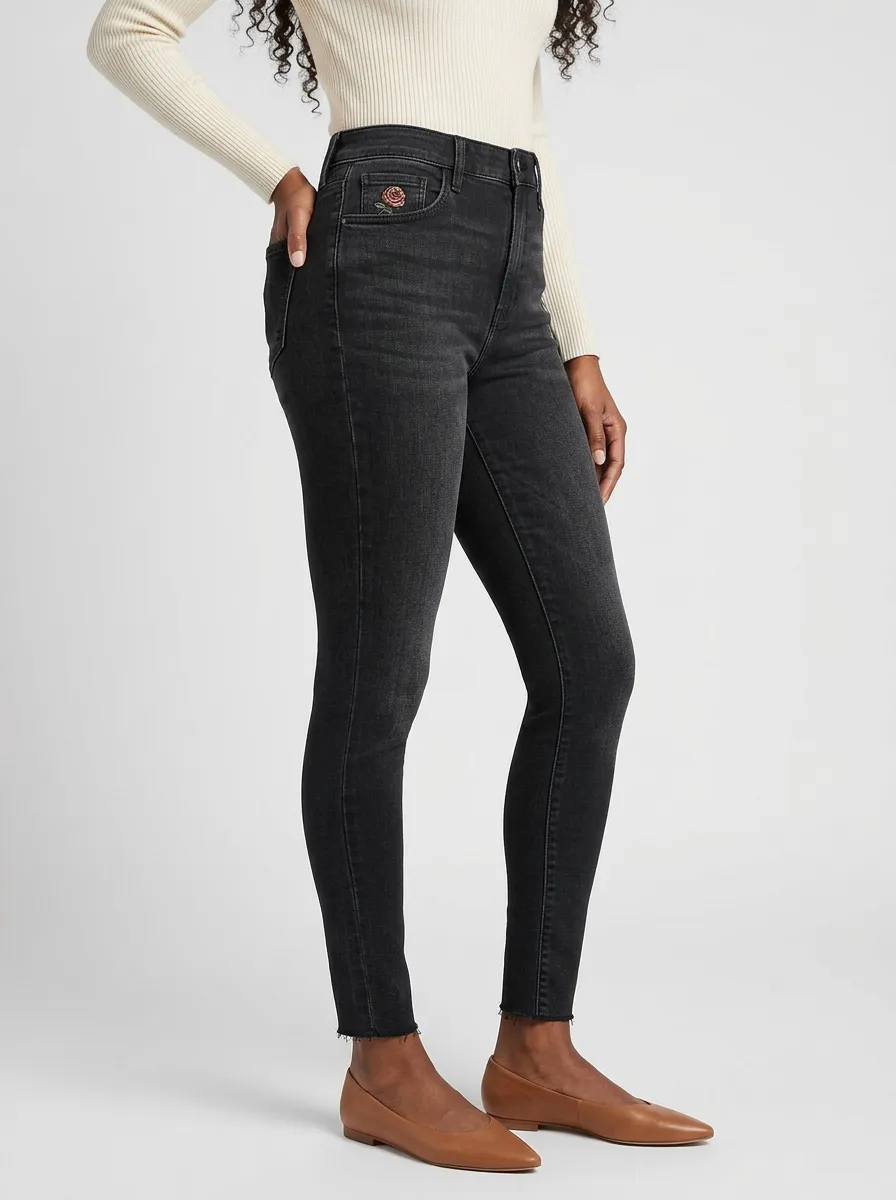 Women's Floral Rose Embroidered Black Slim Jeans