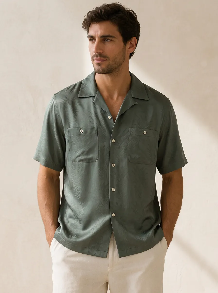 Men's Tropical Vacation Pineapple Pattern Printed Camp Shirt
