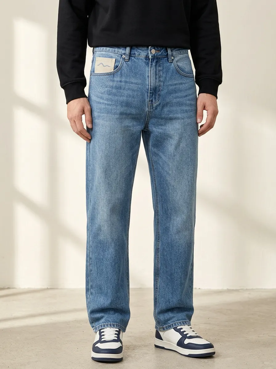 Men's Minimalist Wave Embroidery Printed Straight Leg Jeans
