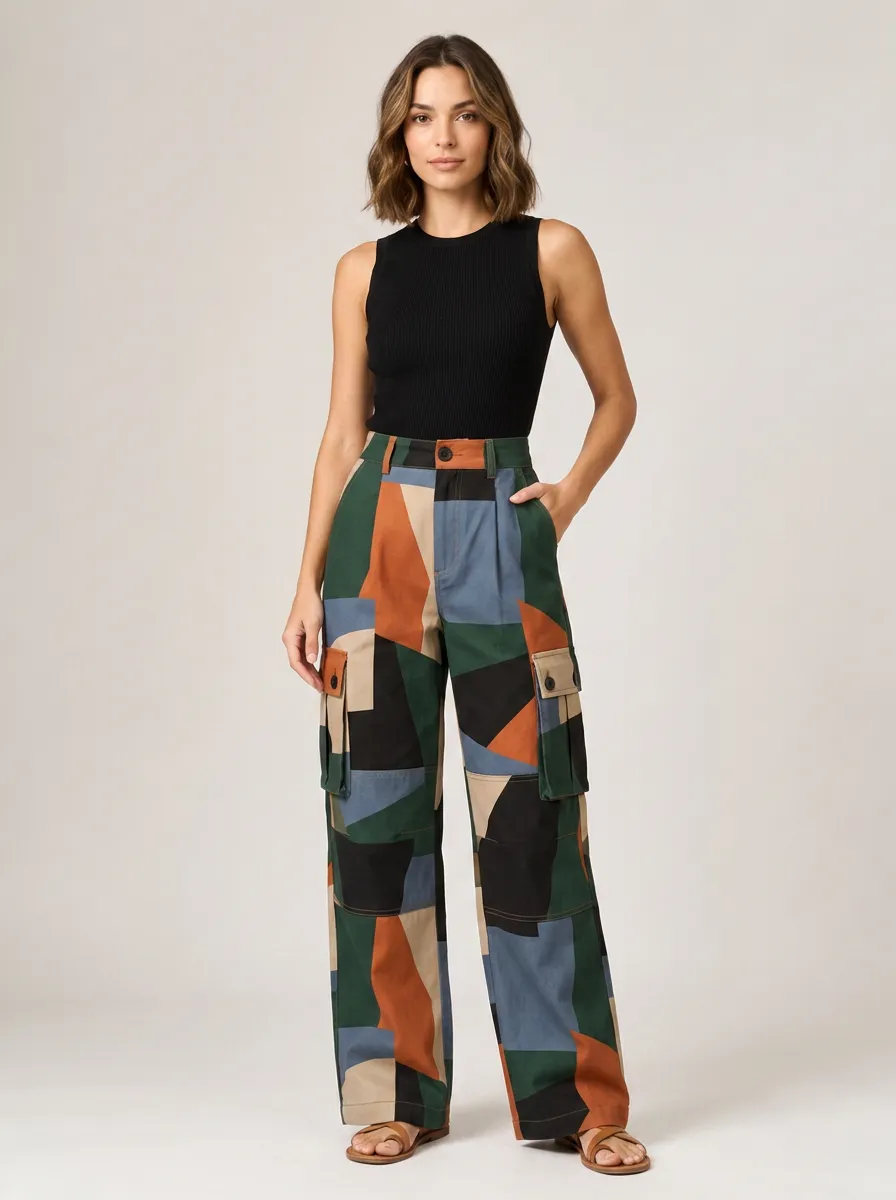 Women's Multicolor Geometric Print Cargo Trousers