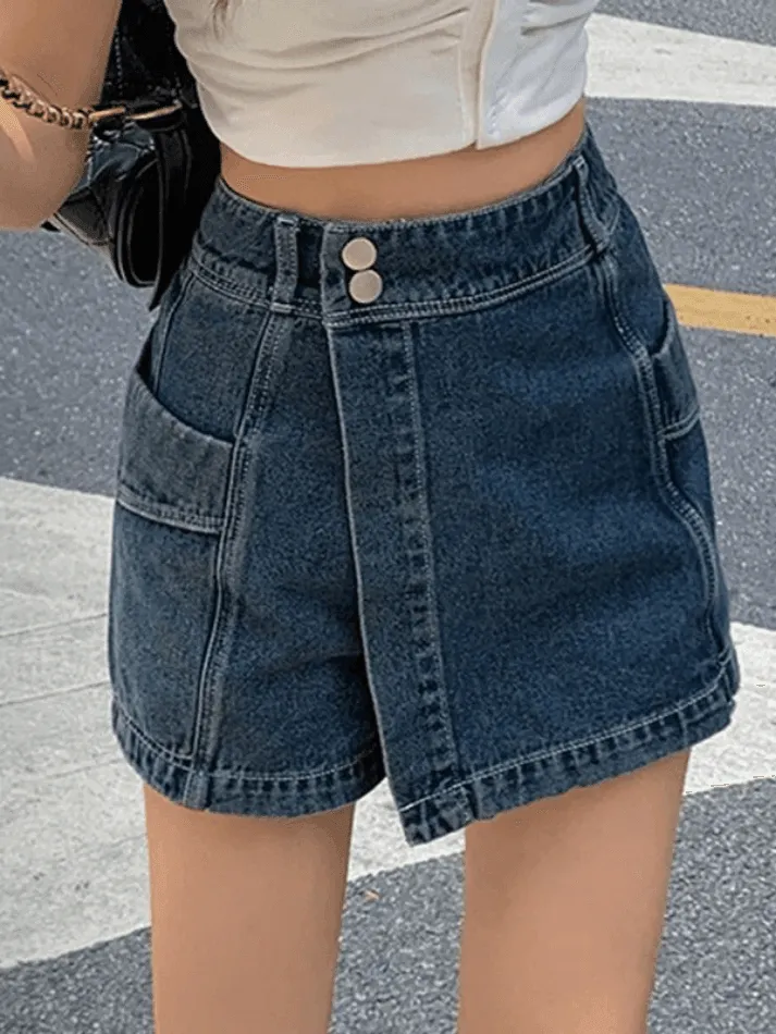 High Waist Asymmetric Denim Shorts