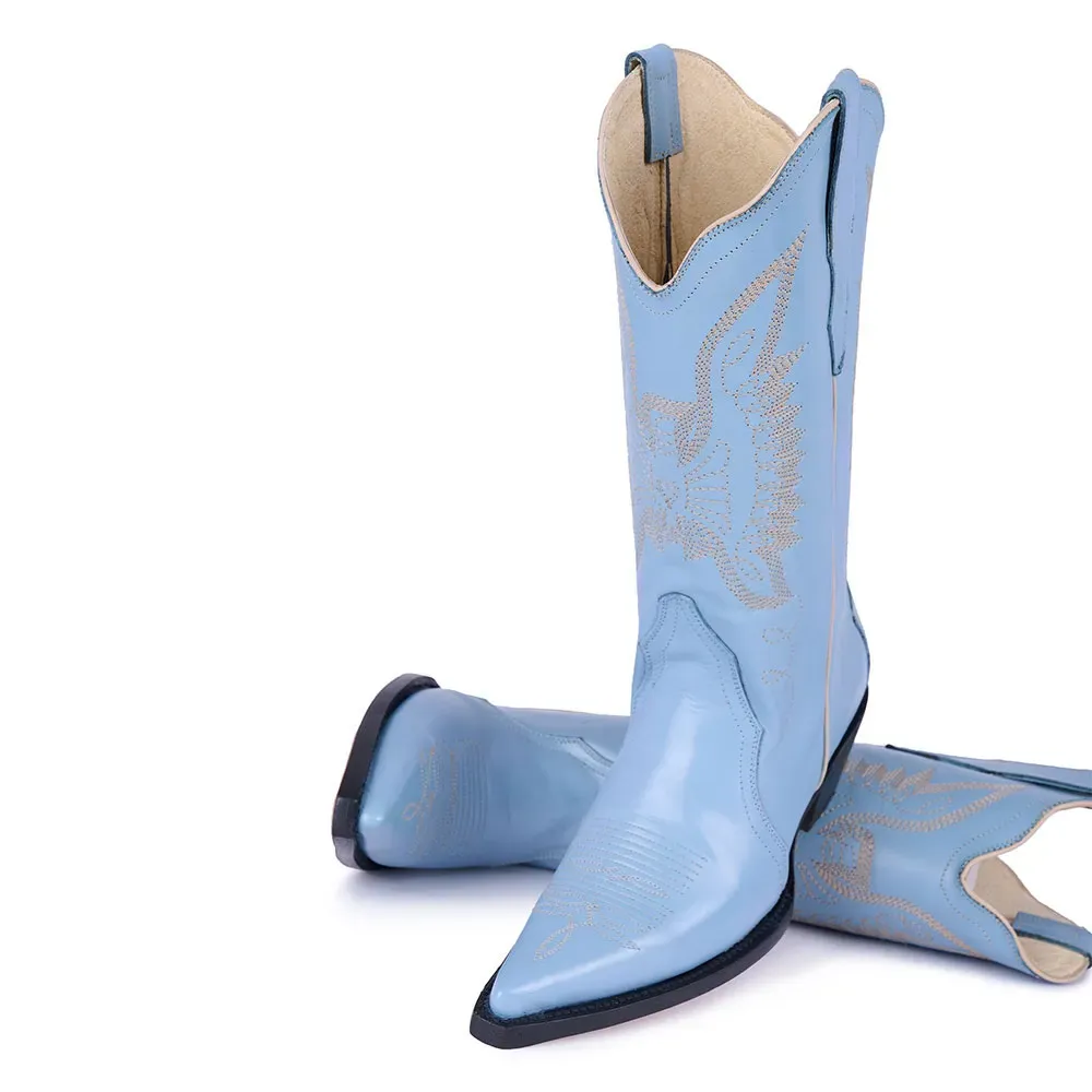 Modern Faux-Leather Embroidered Snip-Toe Block-Heel Mid-Calf Boots