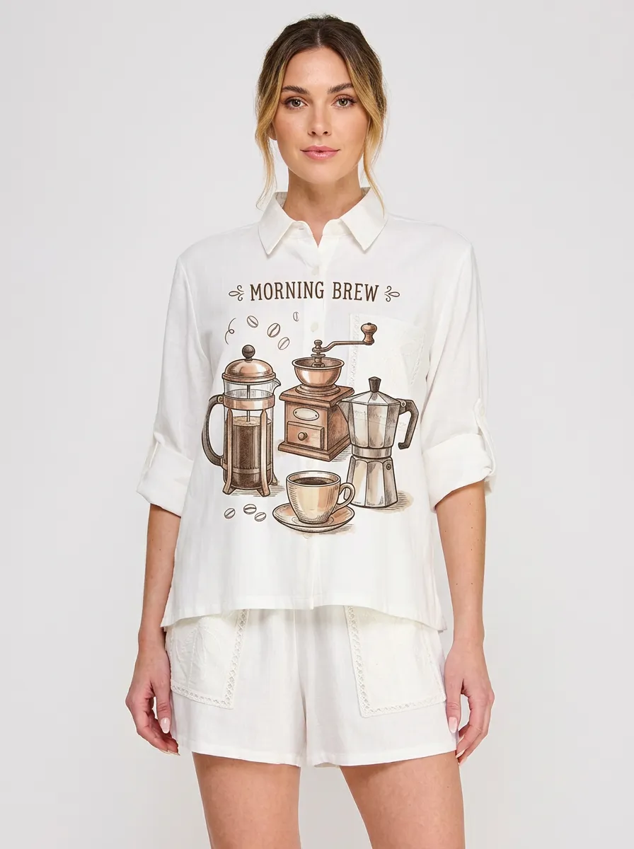 Women's Coffee Lover Morning Brew French Press Printed Button-up Shirt