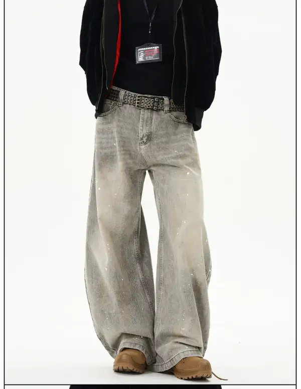 Wide-Leg Paint-Splatter Vintage-Wash Jeans