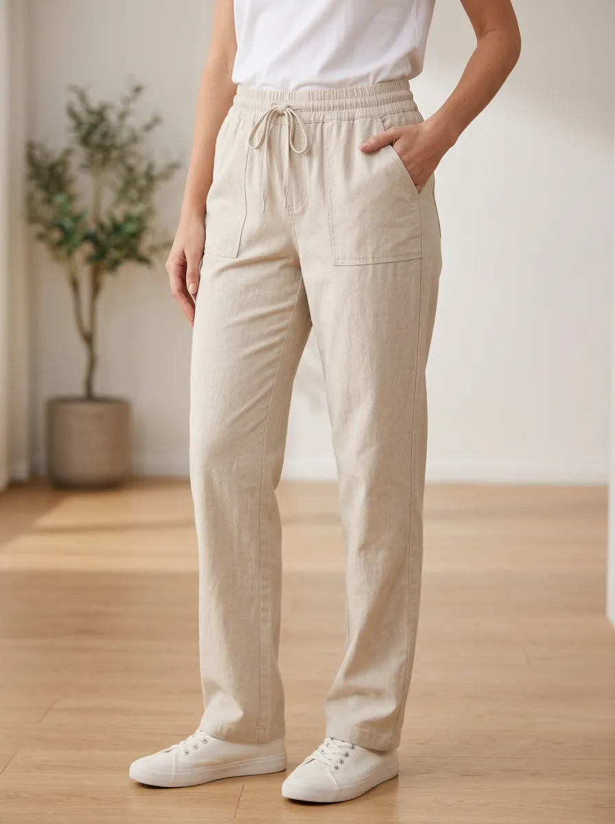 Women's Drawstring Elastic Waist Trousers in Beige
