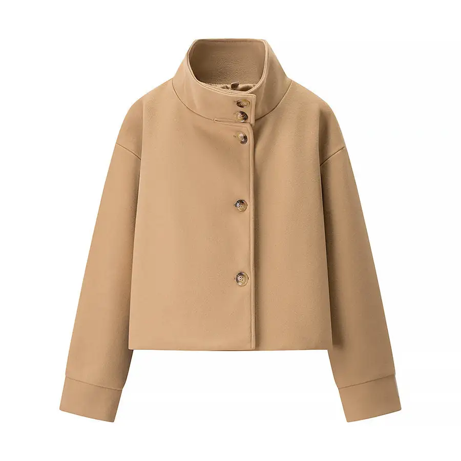 Stand-Collar Button-Front Wool-Blend Relaxed Outerwear Coat
