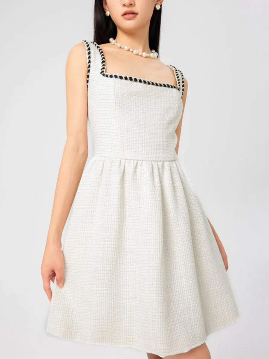 Tweed U-Neckline Solid Mini Dress