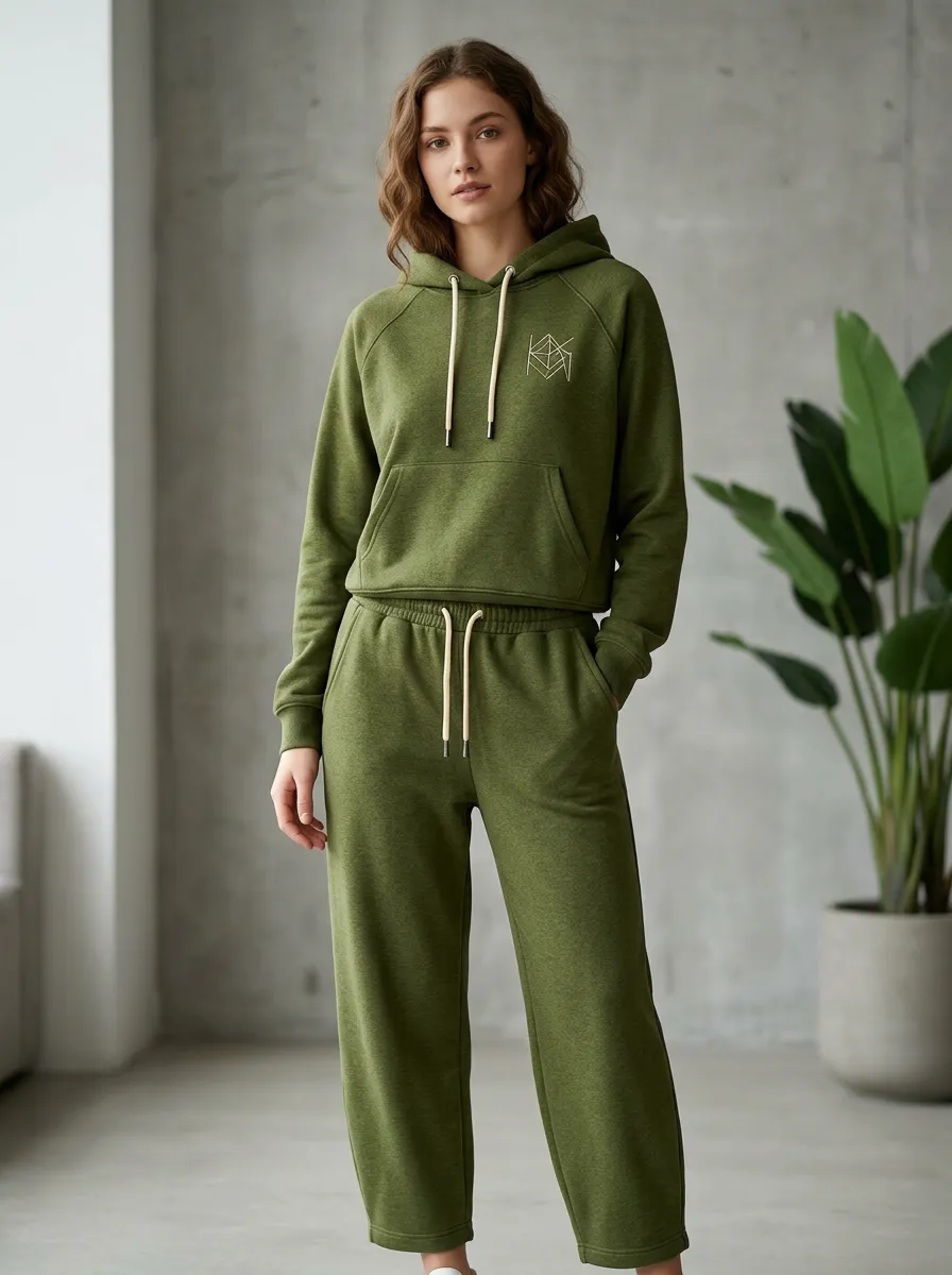 Women's Geometric Logo Olive Green Printed Hoodie Jogger Set