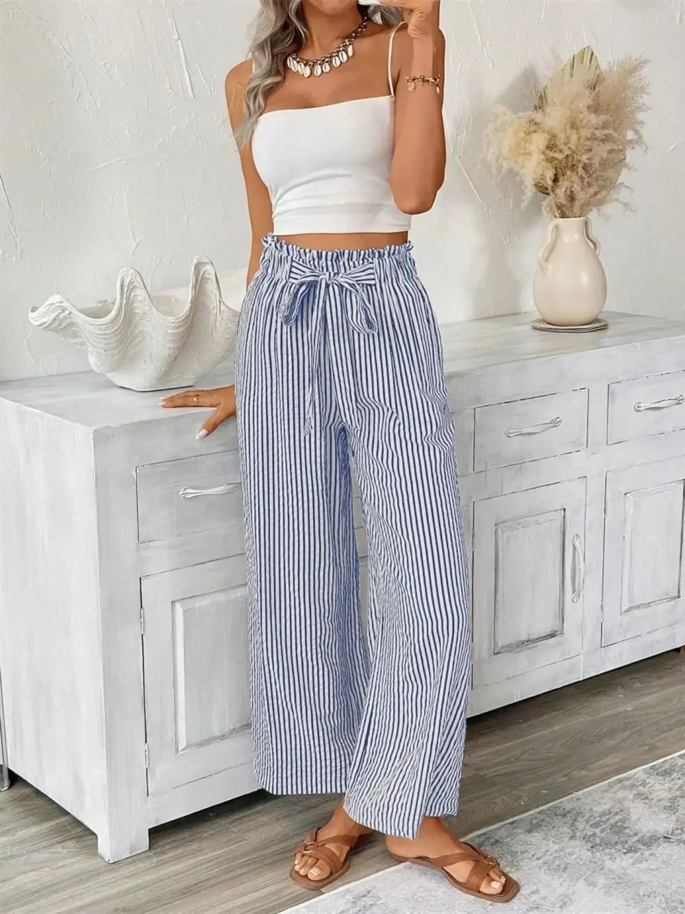 Wide Leg Paperbag Waist Striped Cropped Pants