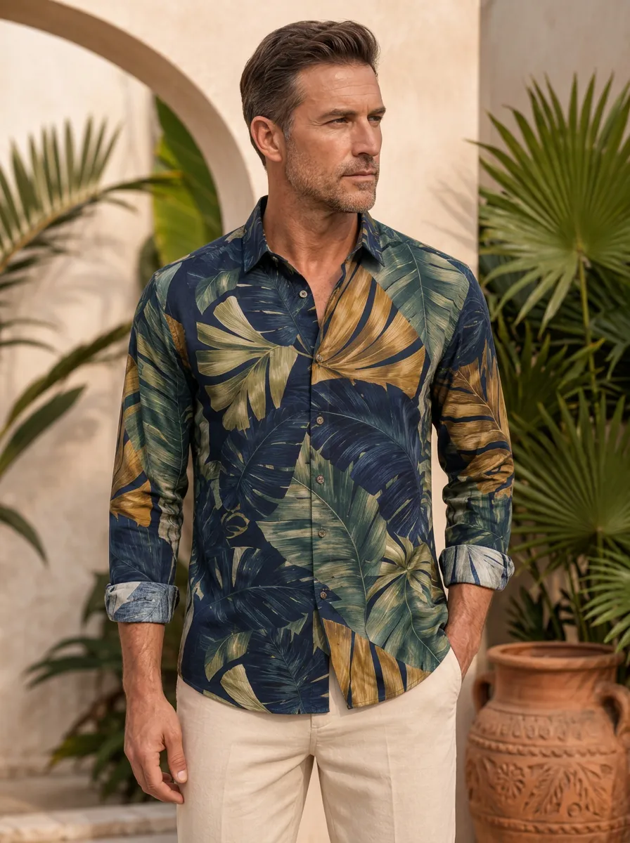 Men's Tropical Leaf Pattern Printed Long Sleeve Shirt