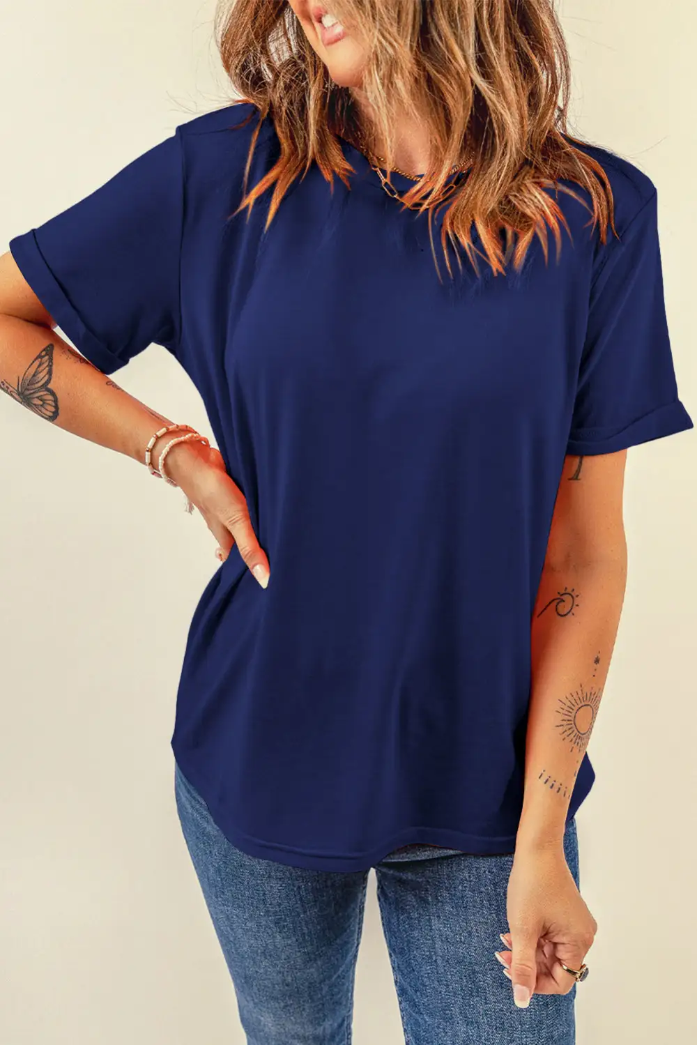 Blue Casual Plain Crew Neck