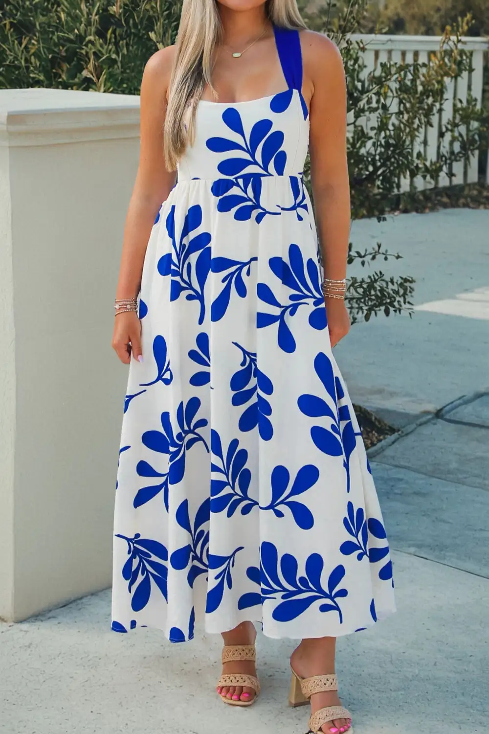 Classic Floral Print Crisscross Tie Back Sleeveless Long Dress