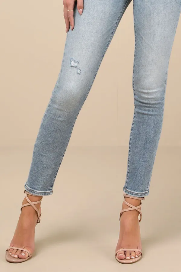 Casual Style  Light Wash Denim High-Rise Distressed Skinny Jeans