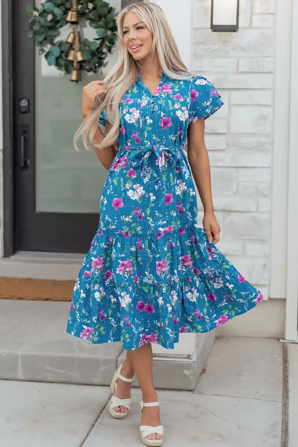 Floral Split Neck Tie Waist Dress Casual