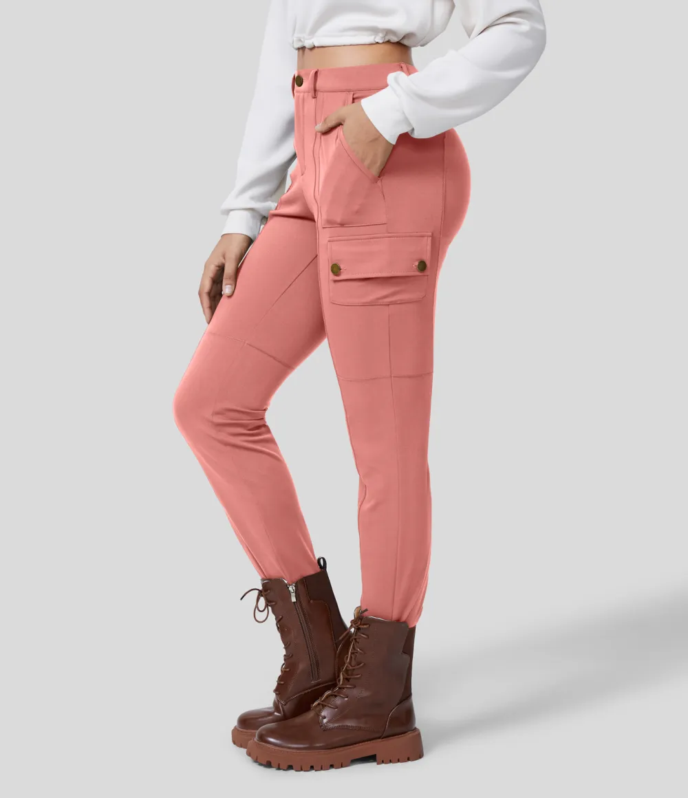 High Waisted Button Zipper Multiple Pockets Solid Skinny Cargo Pants