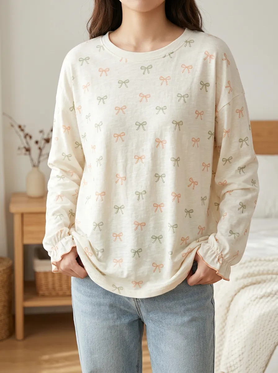 Women's Delicate Casual Sweet Style Bowknot Pattern Printed Long Sleeve T-shirt