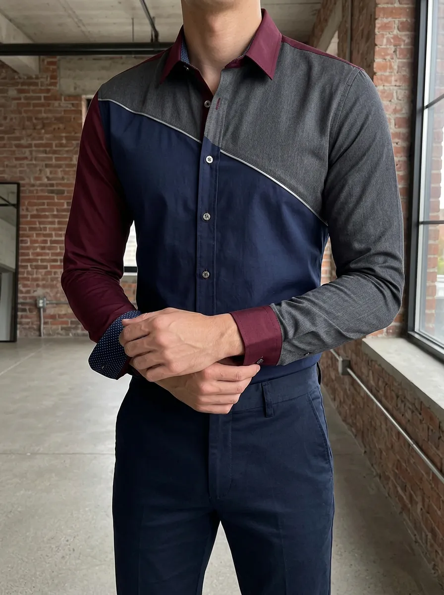 Men's Polished Colorblock Patchwork Long Sleeve Slim Fit Shirt