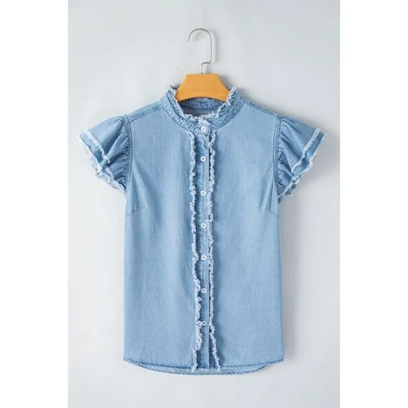 Button-Down Raw-Hem Ruffled Denim Shirt
