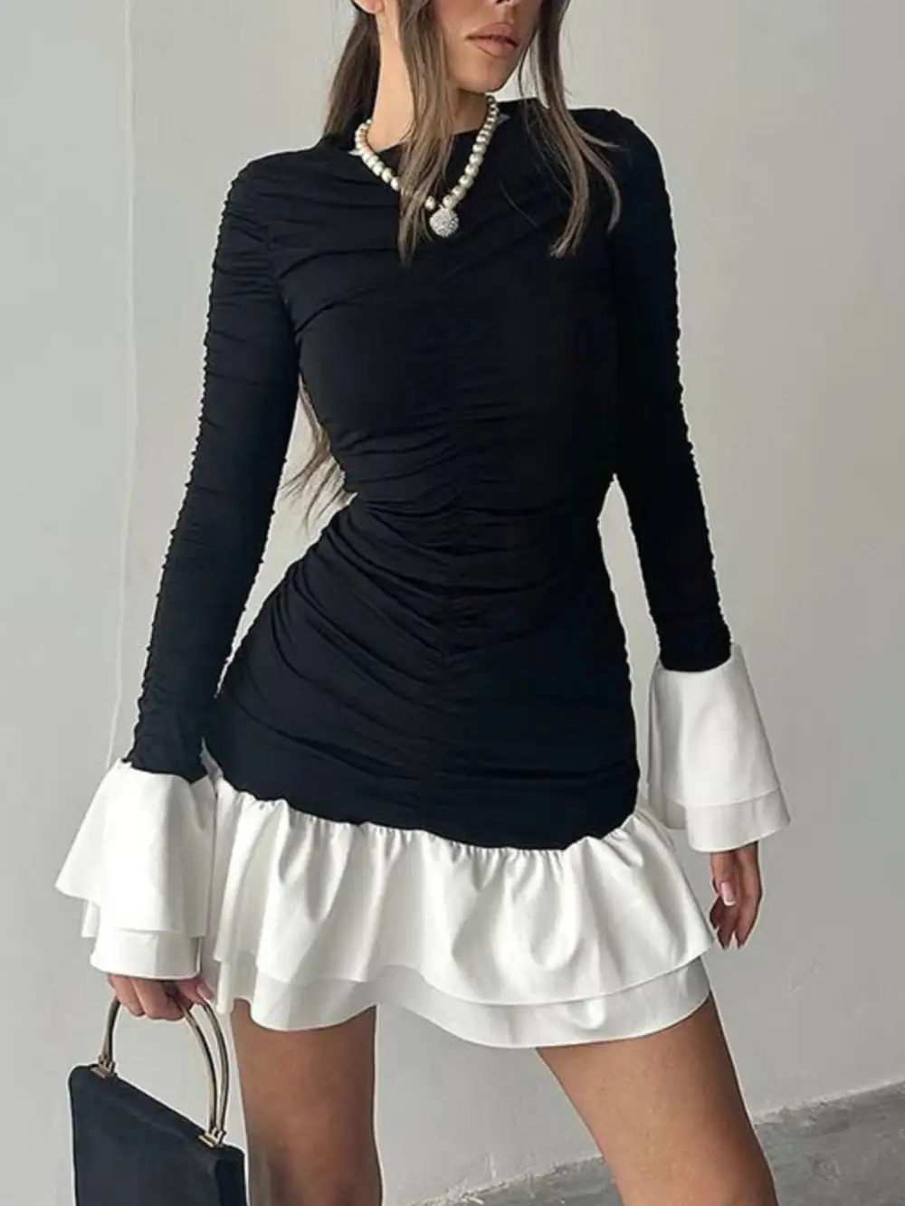 Polished Detail Ruffle Long Sleeve Mini Dress