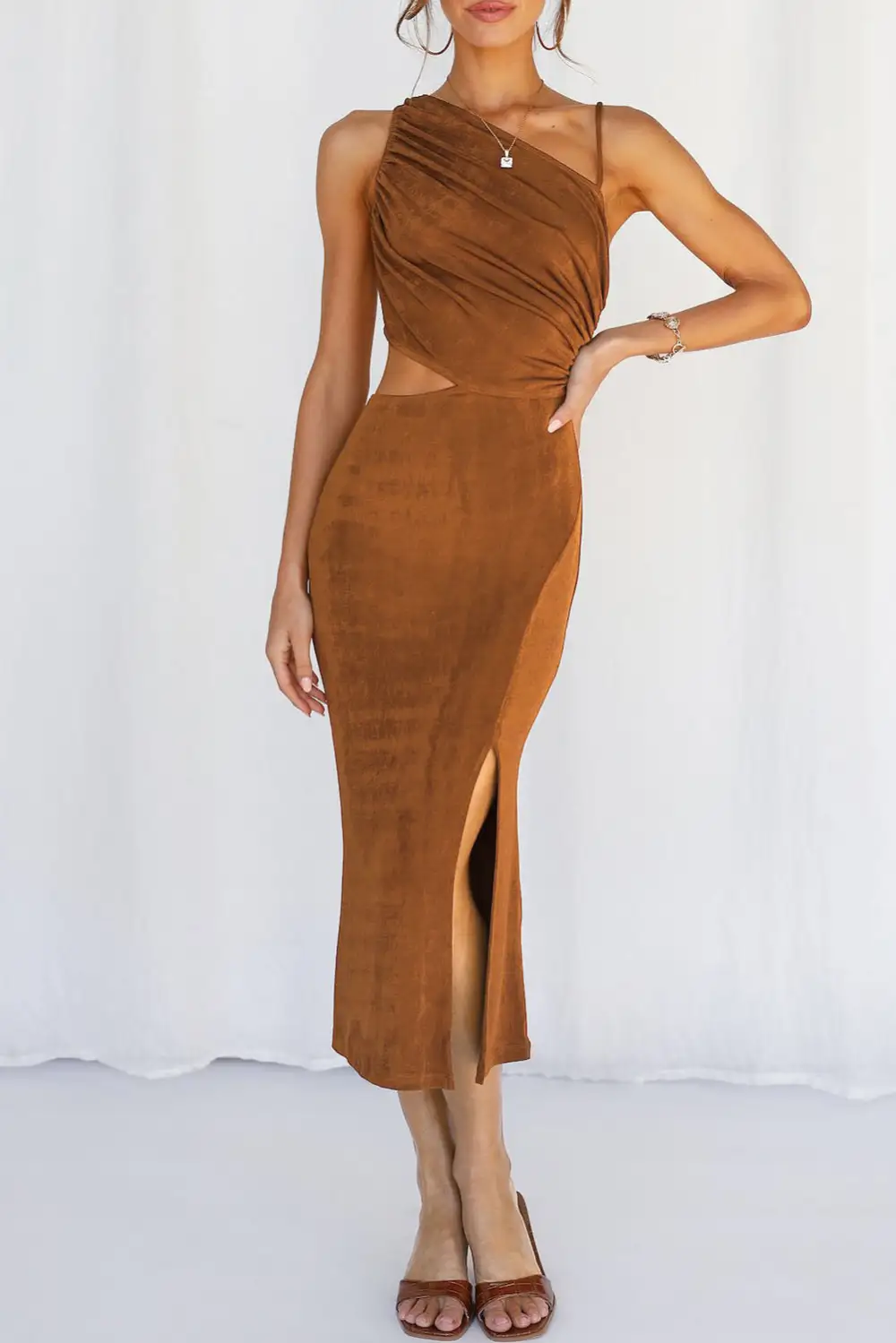 Velvet Sleeveless One Shoulder Cutout Sheath Midi Dress