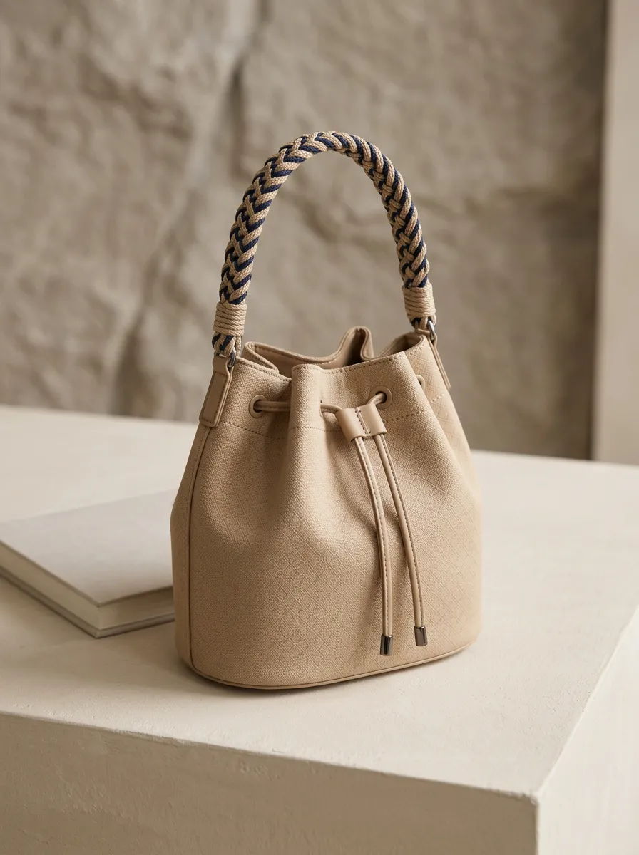 Women's Woven Braided-Handle Drawstring Single-Handle Bucket Bag