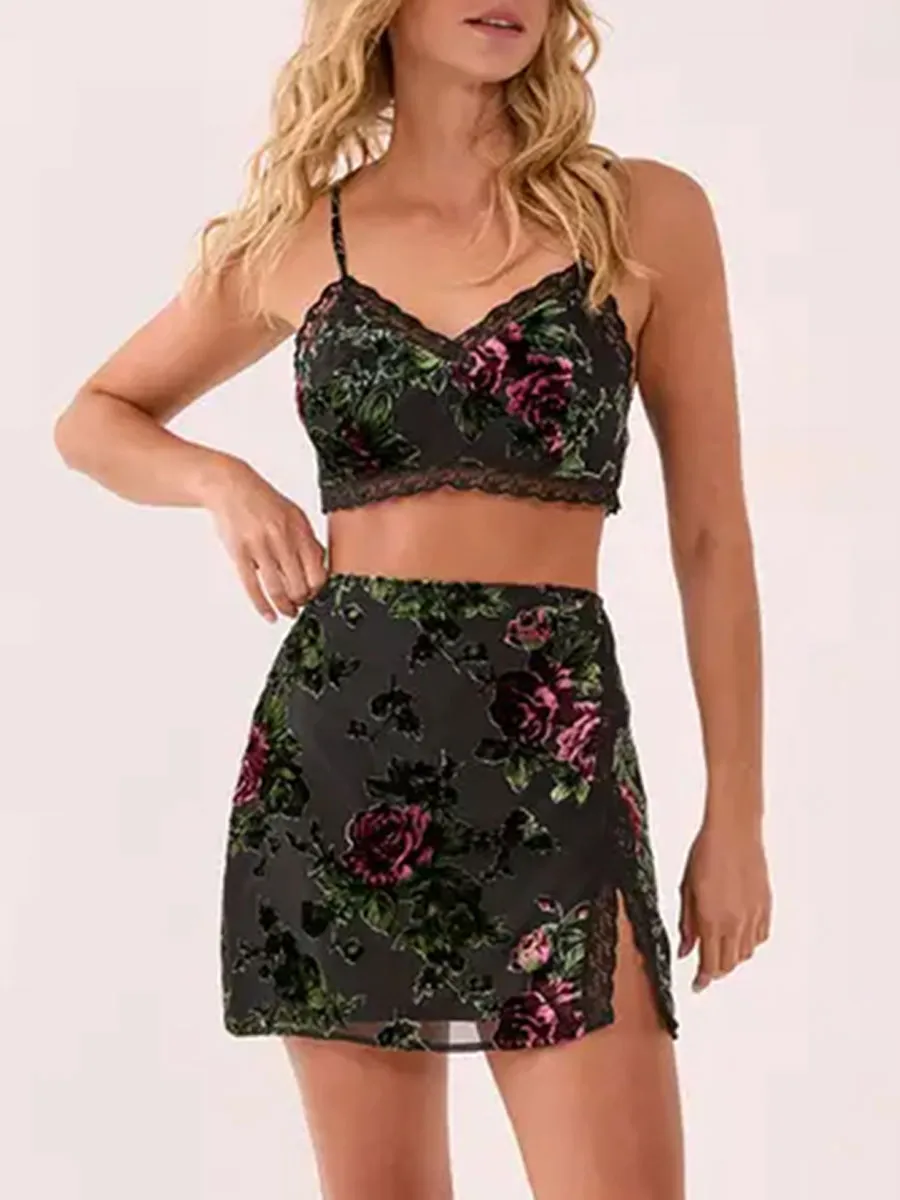 Women's Black Rose Print Lace Slit Mini Skirt