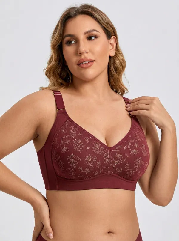 Women's Plus Size Sage Green Botanical Floral Full-Coverage V-Neck Wireless Bra