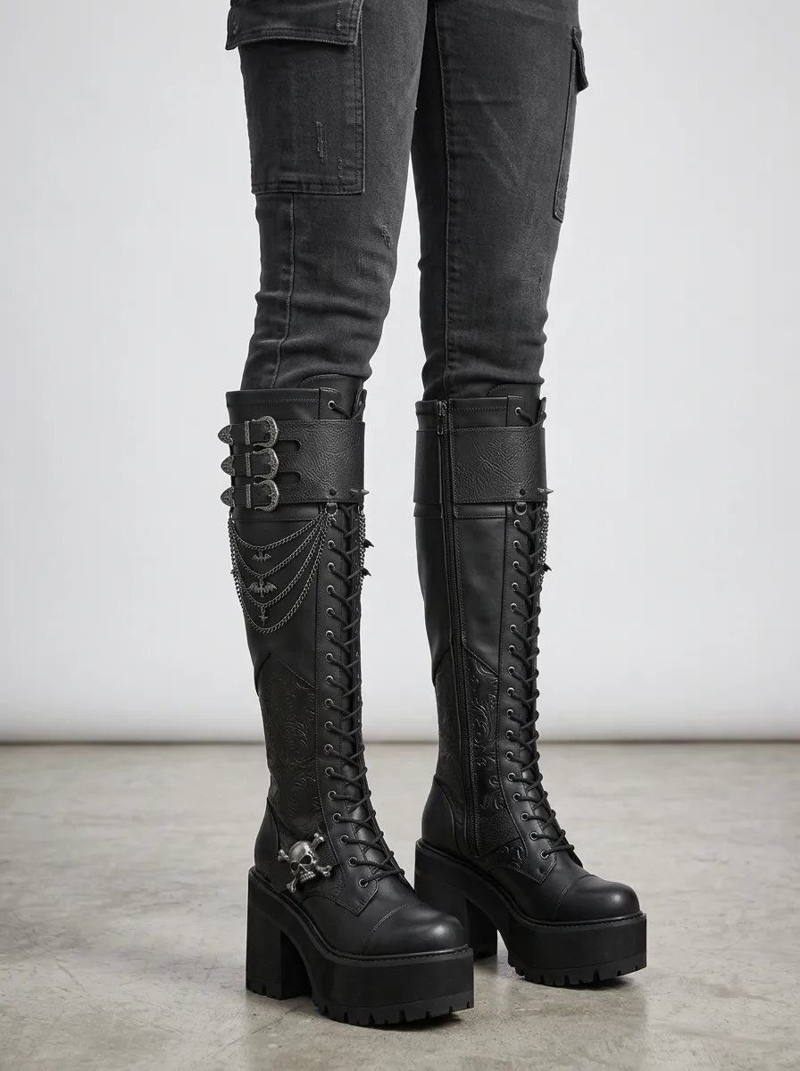 Heritage Skull Bat Chain Look Women's Gothic Platform Knee High Boots