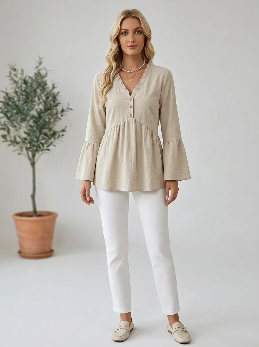 V-Neck Button Down Ruffle Bell Sleeve Blouse