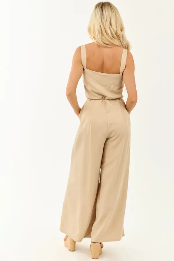 Latte Button Up Wide Leg Sleeveless