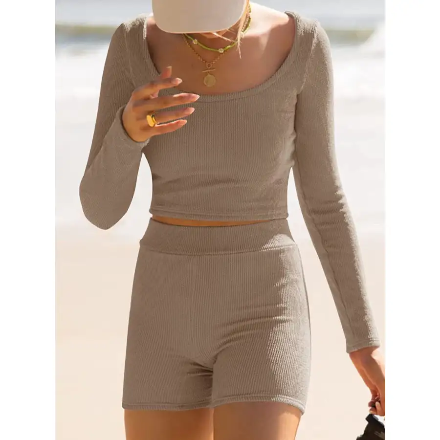 Scoop Neck Long Sleeve Top and Shorts Set