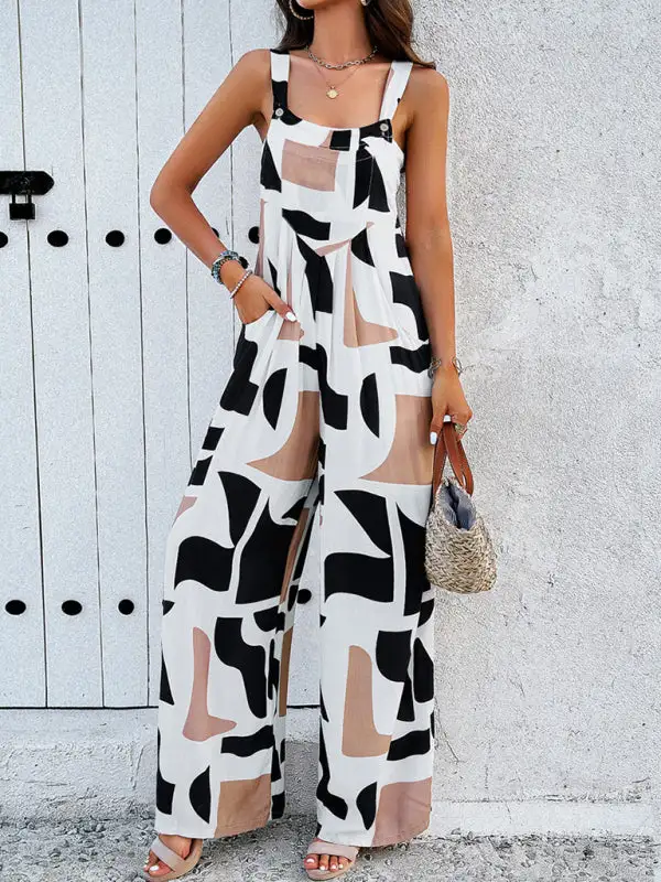 Elegant Abstract Print Overall Jumpsuit