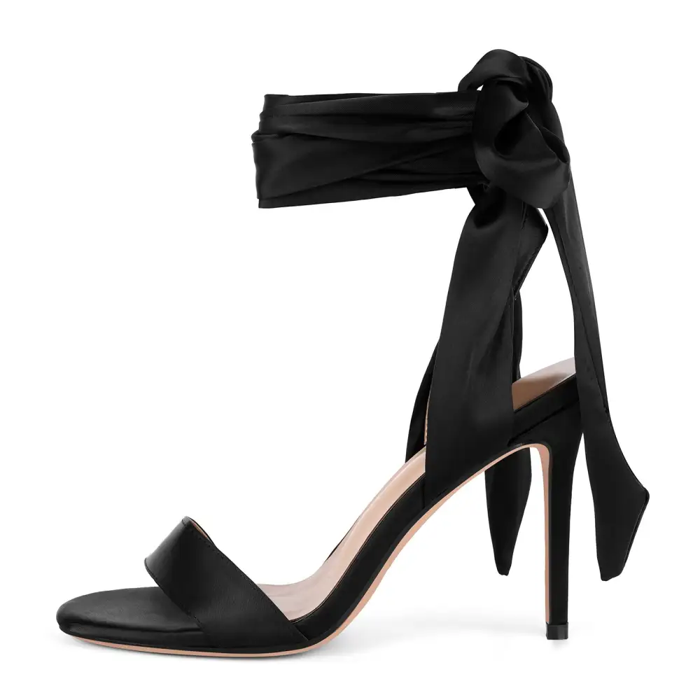 Round Toe Satin Lace Up Stiletto Sandals